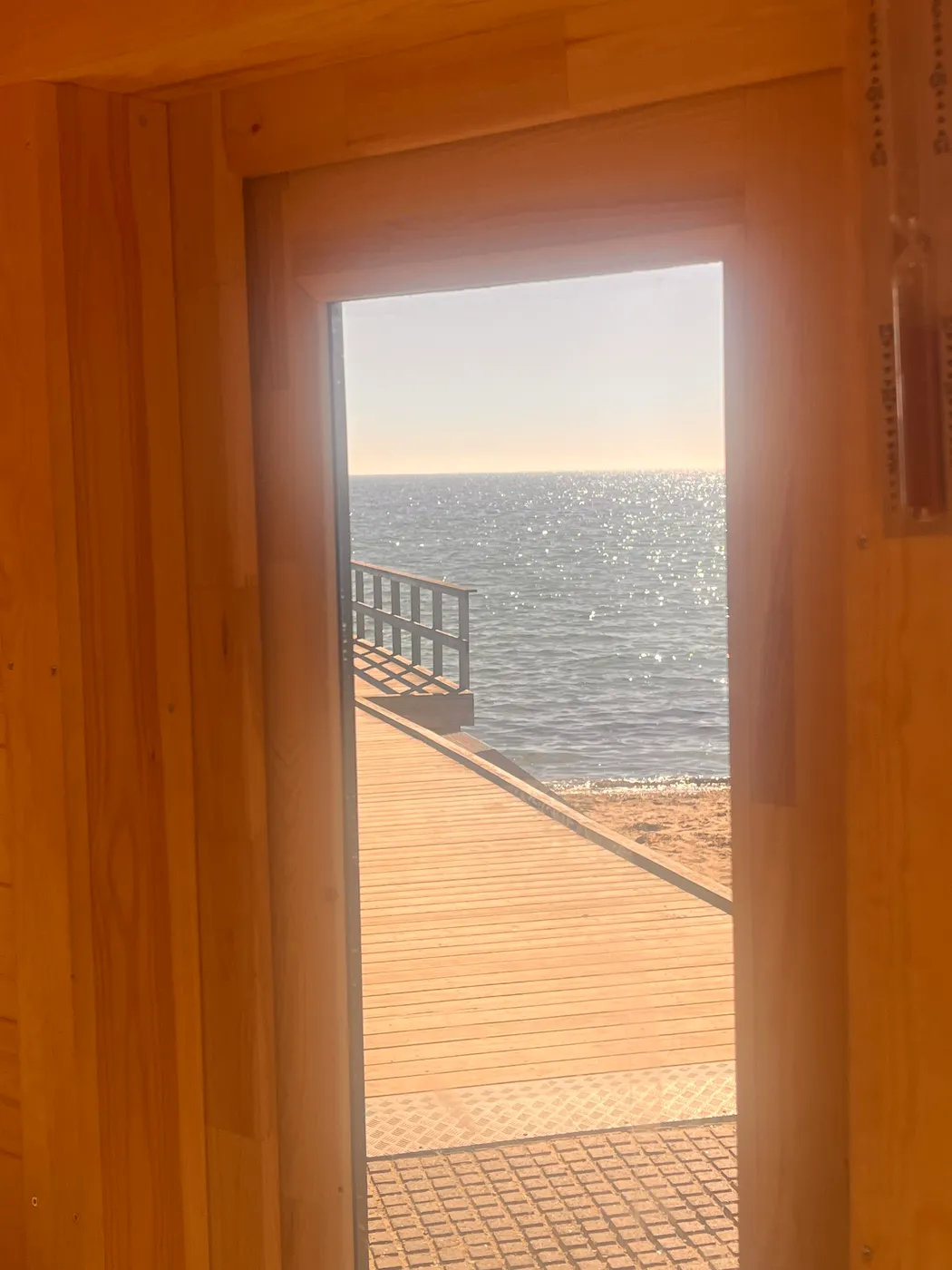 Udsigt fra saunadøren ud over broen og Øresund